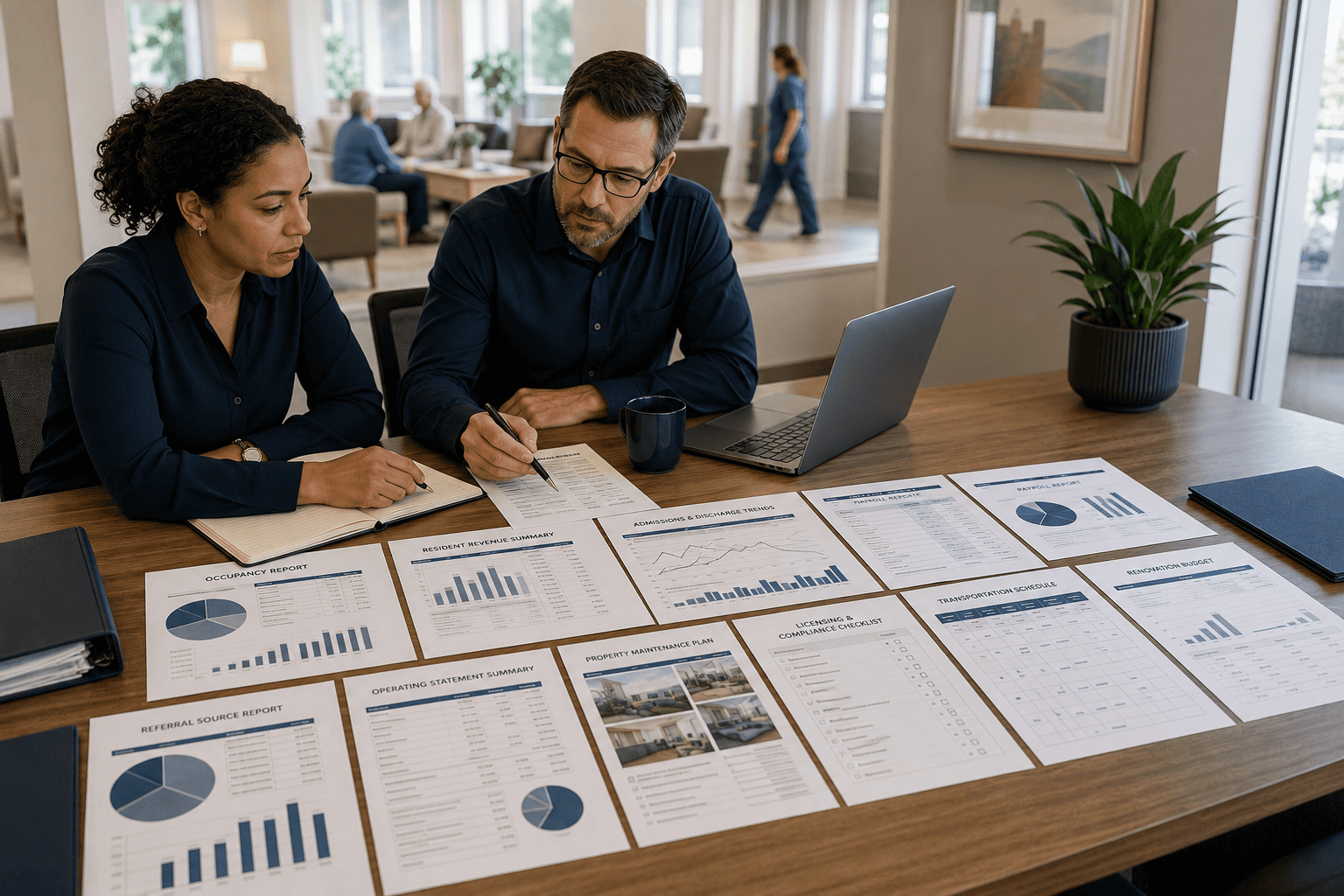 Living-facility operator and advisor reviewing occupancy, resident revenue, staffing, compliance and operating statements in a professional office