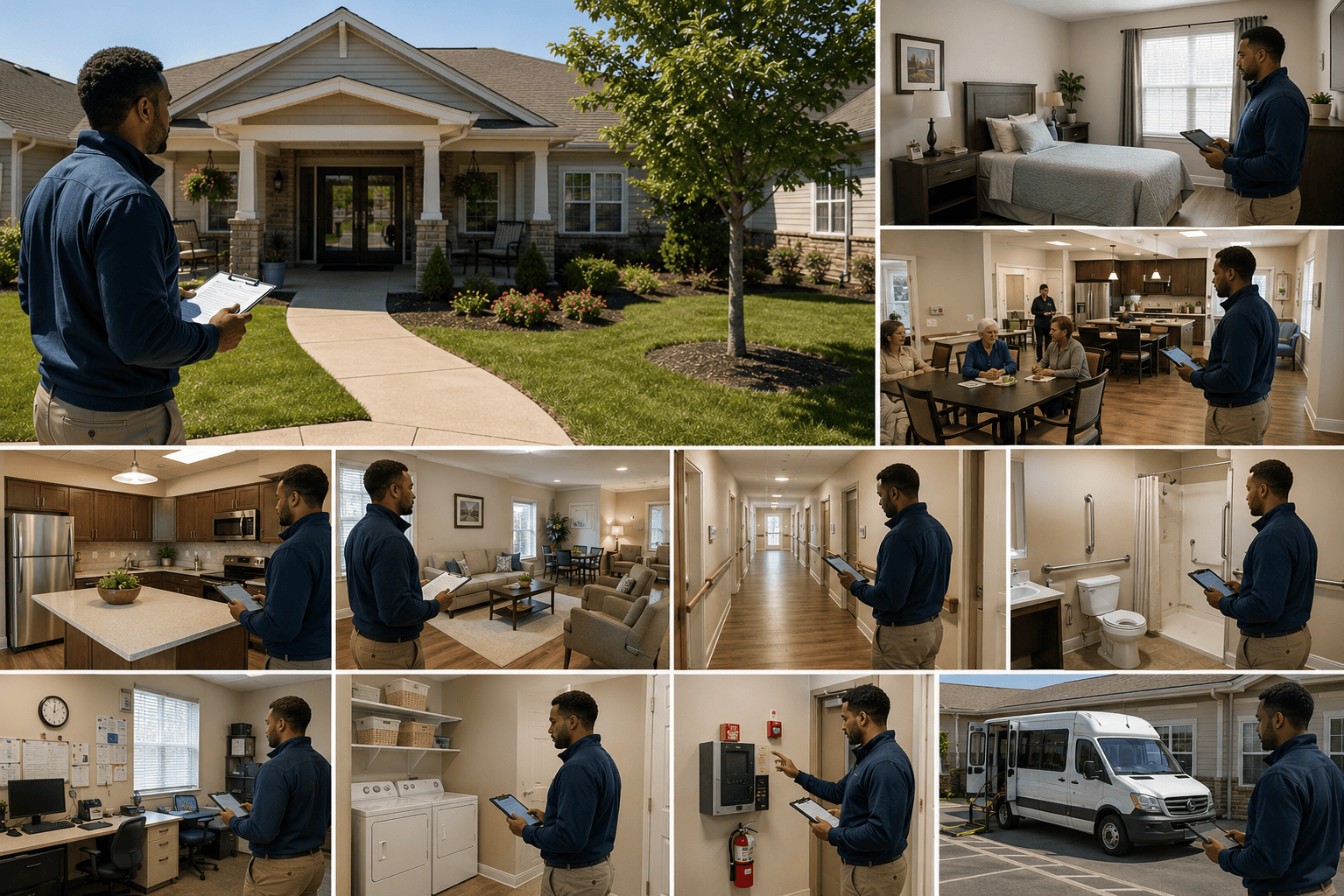 Professional investor inspecting resident rooms, common areas, safety systems and operations at an assisted, independent or sober living property