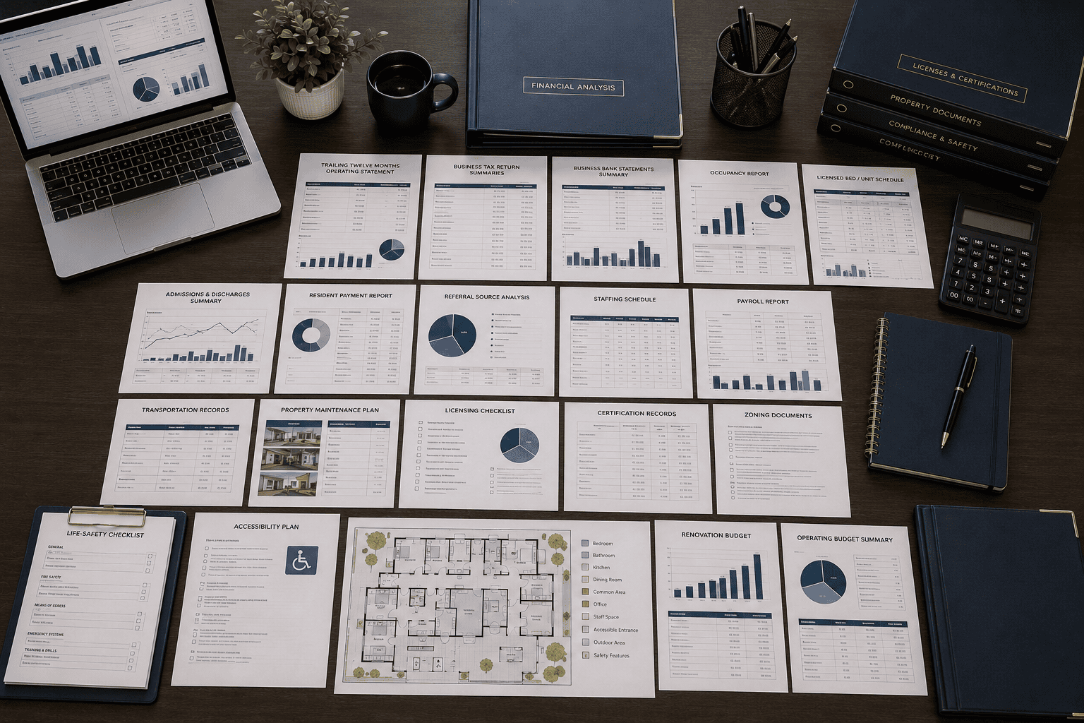 Organized assisted, independent or sober living financing documents, occupancy reports, staffing records, compliance files and renovation budget on a conference table