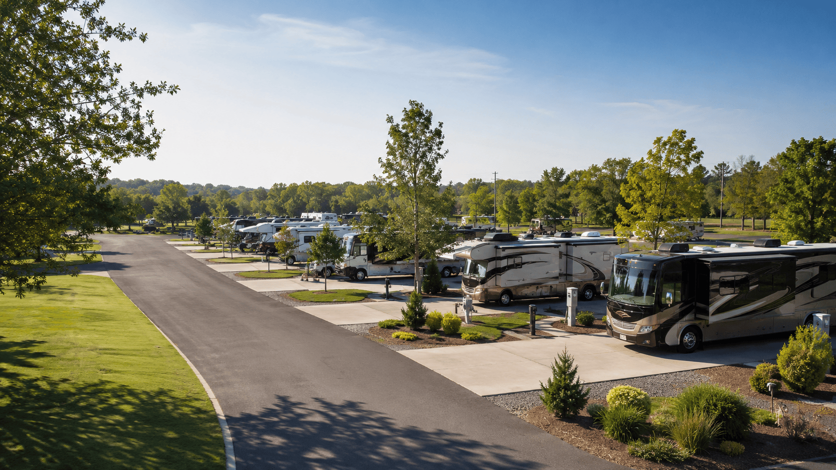 Well-maintained RV park with paved sites, utility hookups and landscaped common areas