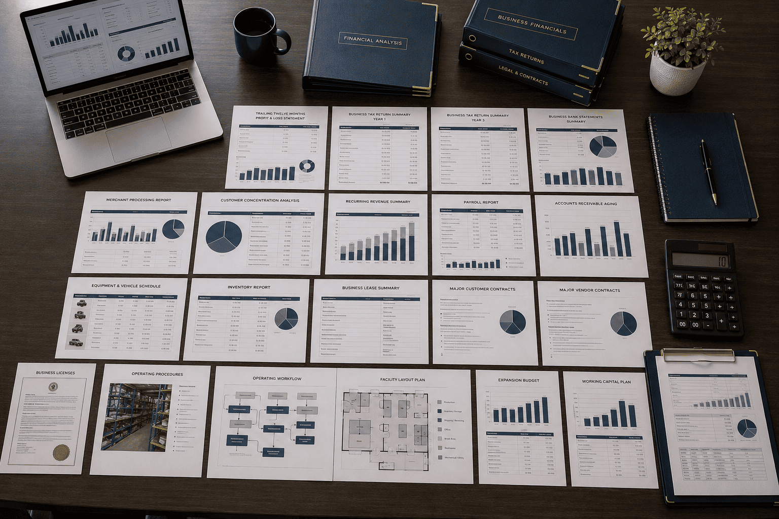 Organized cash-flow business financing documents, tax returns, bank statements, operating reports, equipment schedule and expansion budget on a conference table