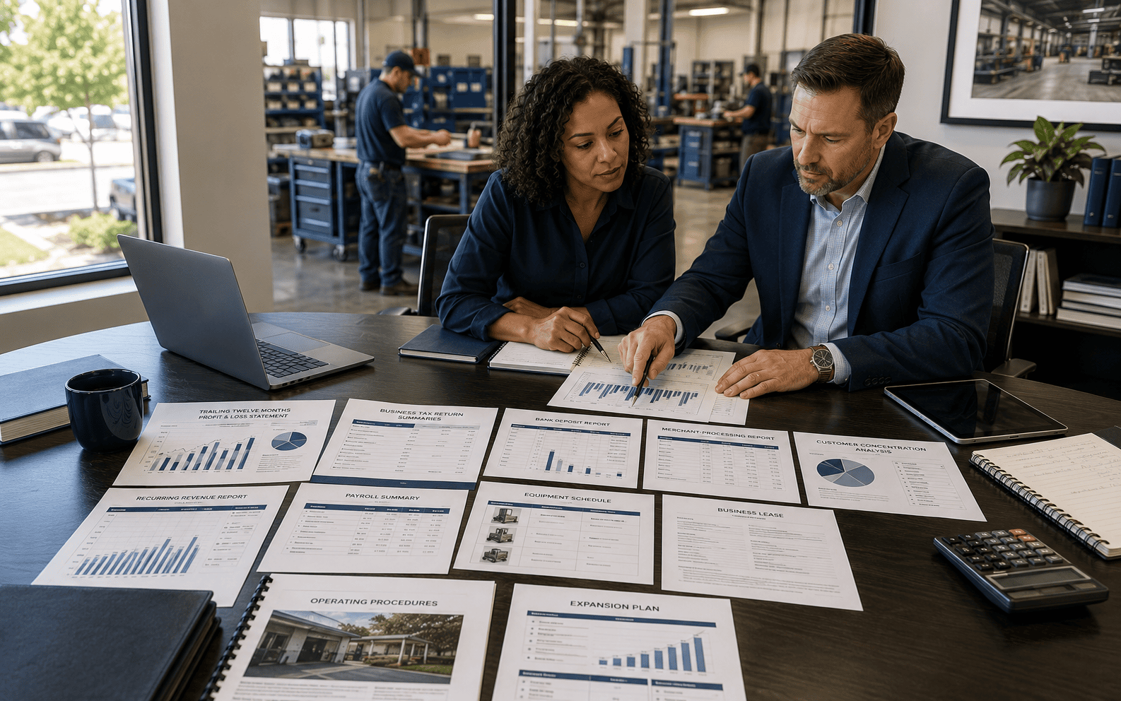Business owner and advisor reviewing revenue, cash flow, customer concentration, operating statements and expansion plans in a professional office