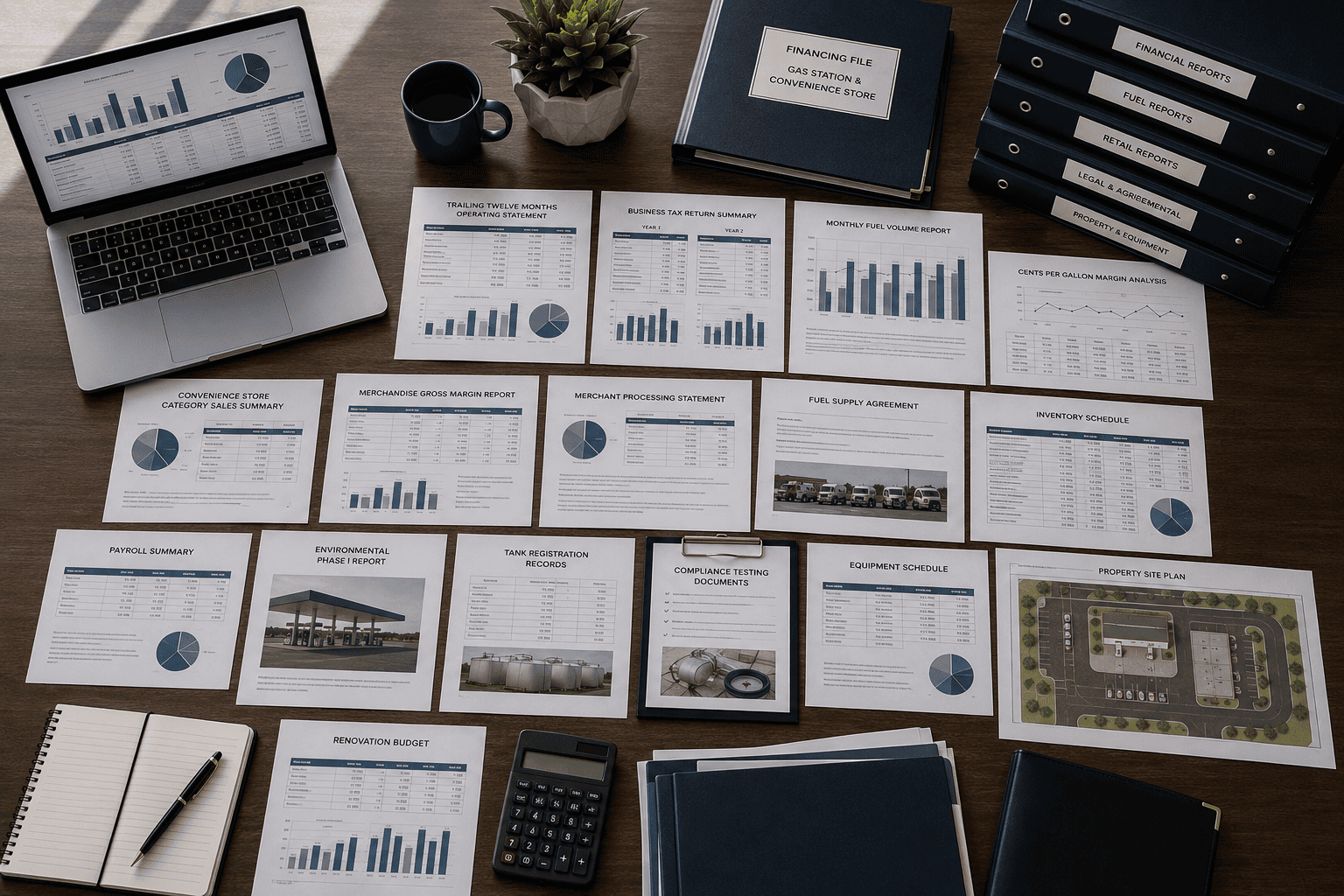 Organized gas station and convenience store financing documents, fuel reports, environmental records and financial statements on a conference table
