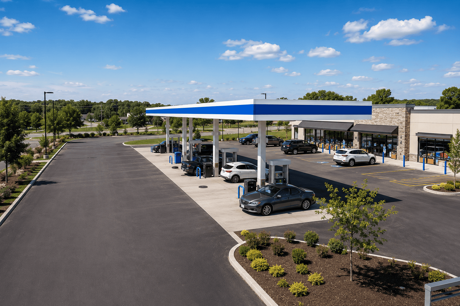 Professionally operated gas station and convenience store with modern fuel canopy, clean forecourt and visible retail storefront