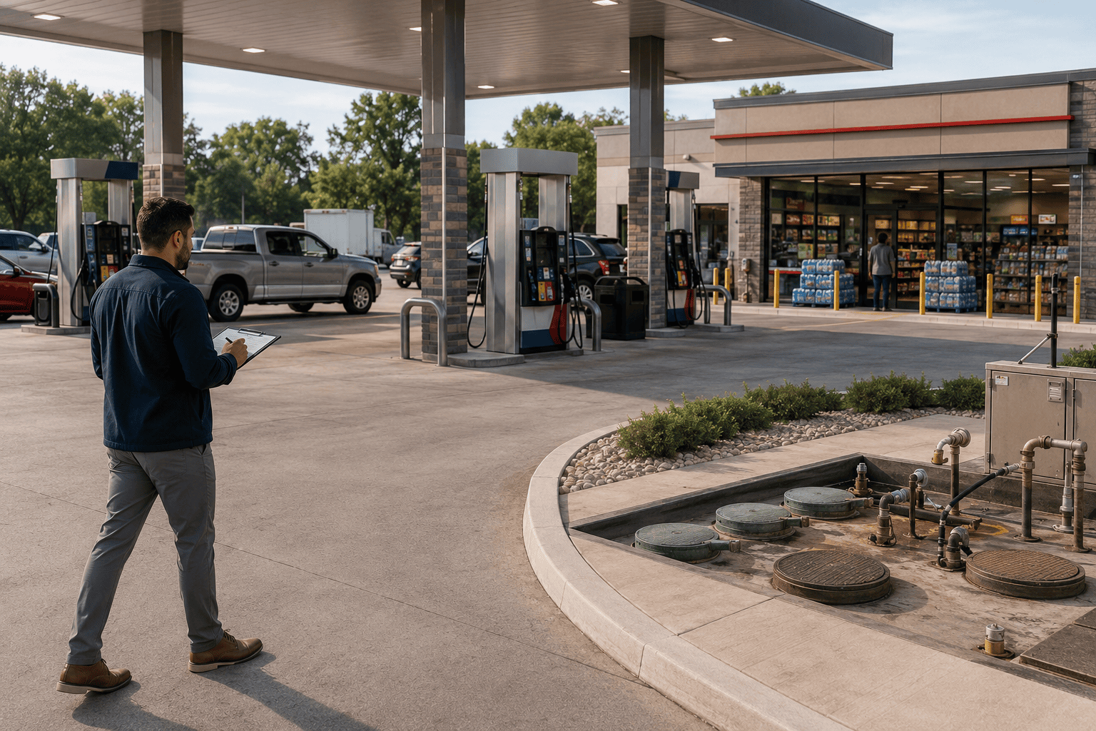 Professional investor inspecting fuel dispensers, convenience store operations and site condition at a clean gas station