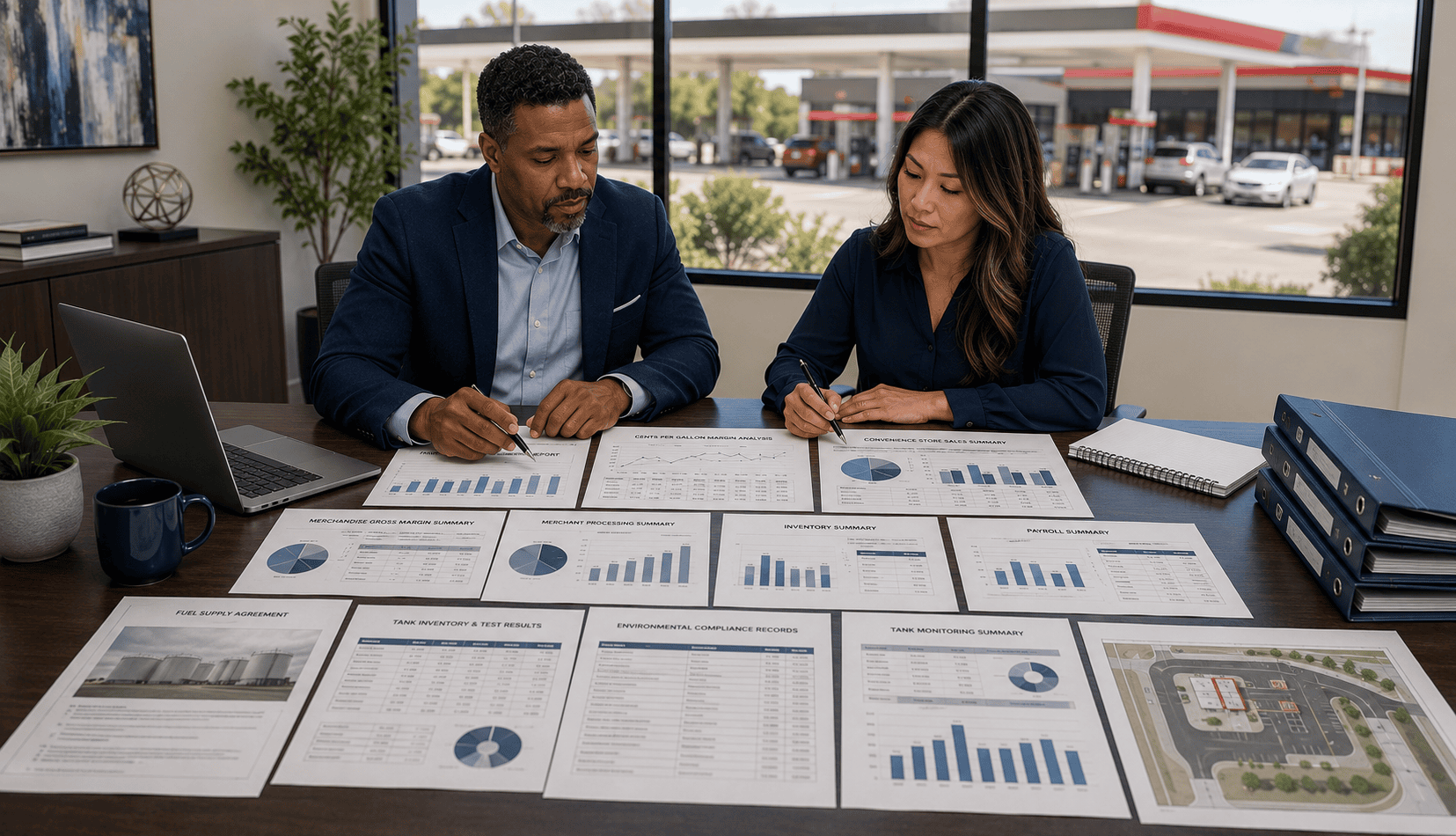 Gas station and convenience store operator reviewing fuel volume, store sales, margin and environmental reports in a professional office