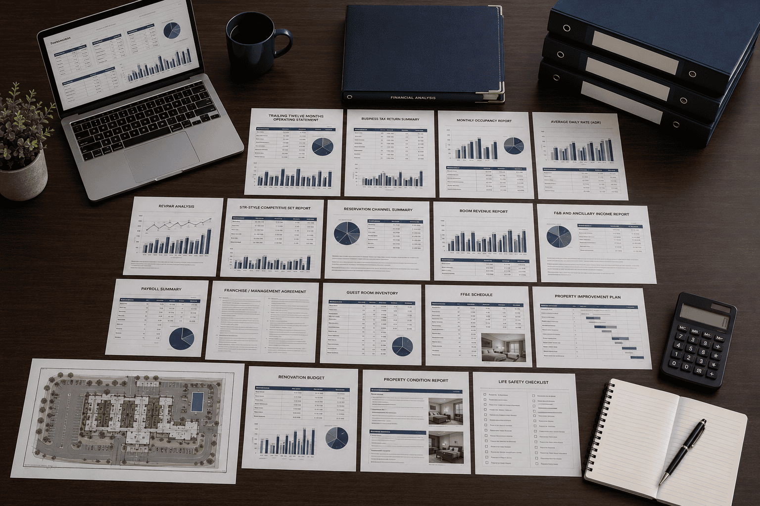 Organized hotel financing documents, STR-style performance reports, operating statements, renovation budget and property records on a conference table