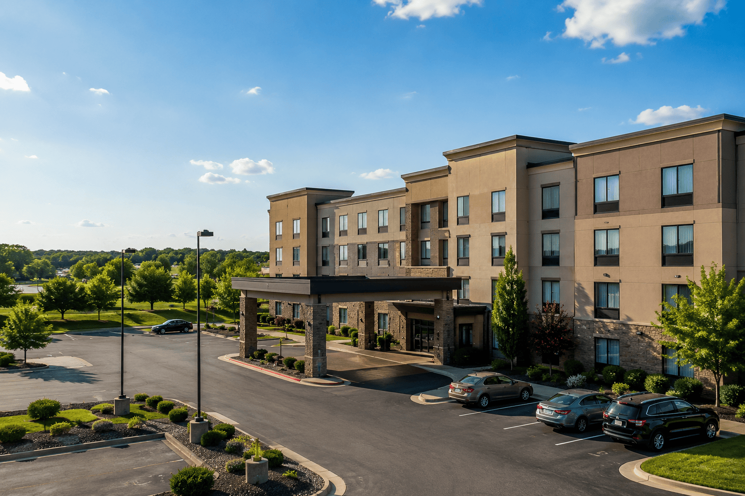 Professionally operated hotel with attractive exterior, guest-room building, clean arrival area and visible hospitality amenities