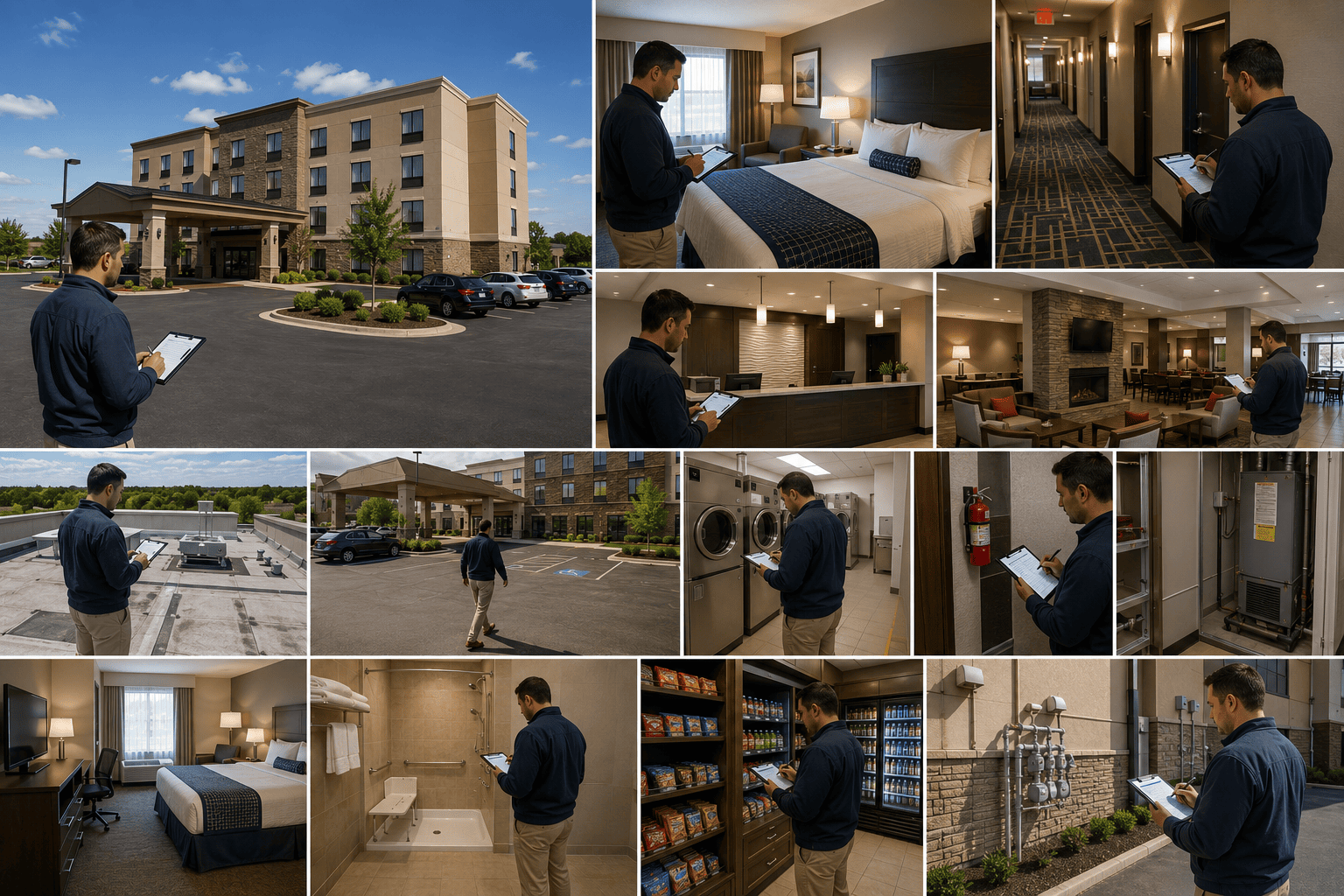 Professional investor inspecting guest rooms, common areas, building systems and exterior condition at a clean hotel or motel