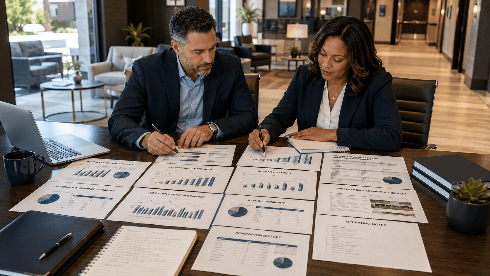 Hotel operator reviewing occupancy, average daily rate, RevPAR, operating statements and renovation requirements in a professional office