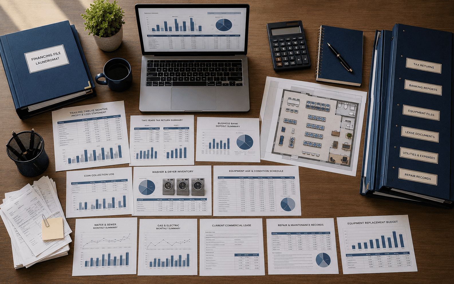 Organized laundromat financing documents, equipment list, utility reports, lease and financial statements on a conference table