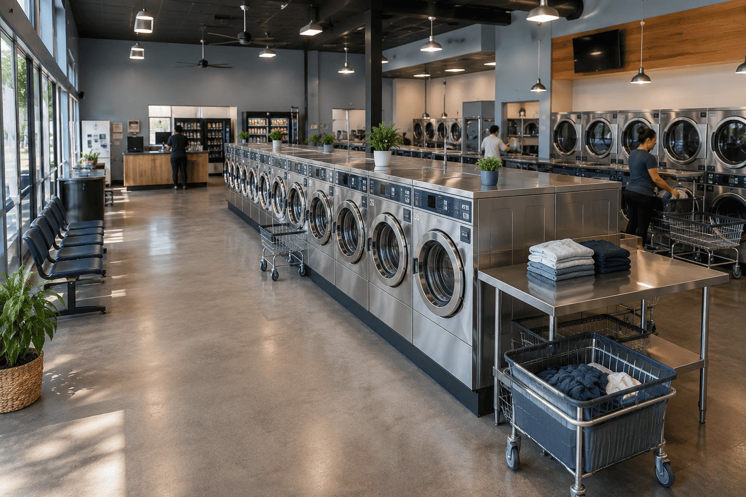 Modern, professionally operated laundromat with commercial washers, dryers and clean customer areas