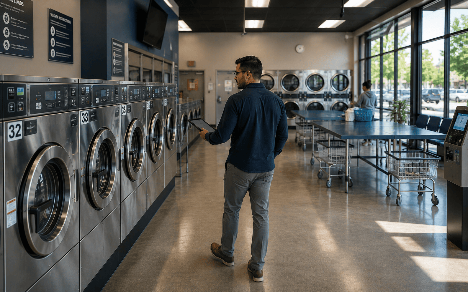 Professional investor inspecting commercial laundry equipment and store operations inside a clean laundromat