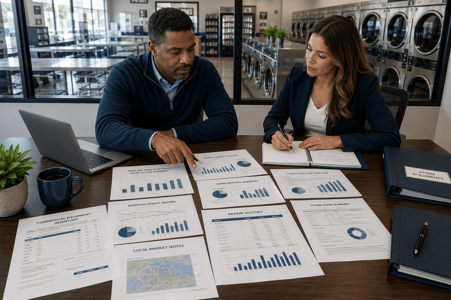 Laundromat operator reviewing revenue, utility, equipment and lease reports in a professional office