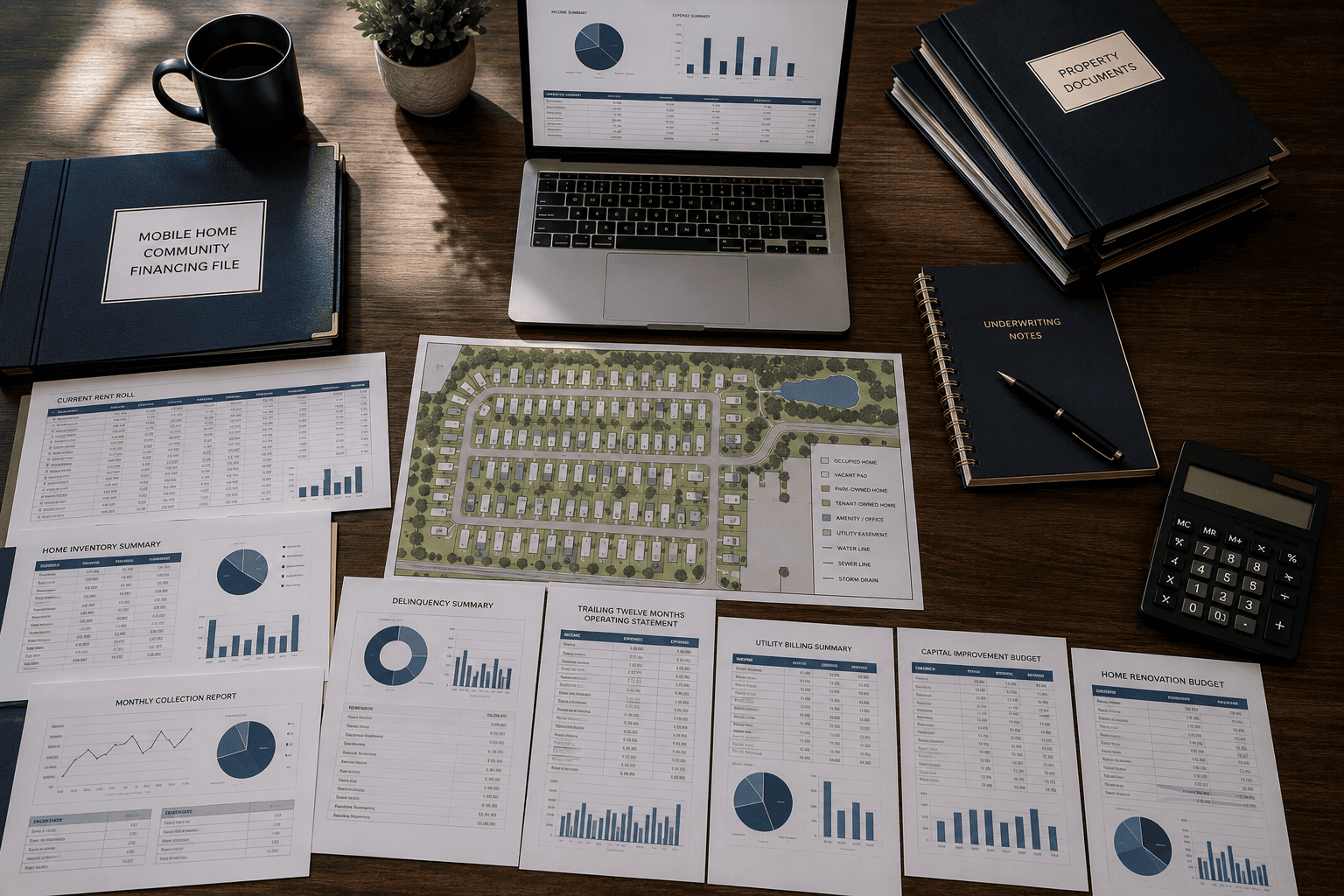 Organized mobile home community financing documents, rent roll, site map and financial statements on a conference table