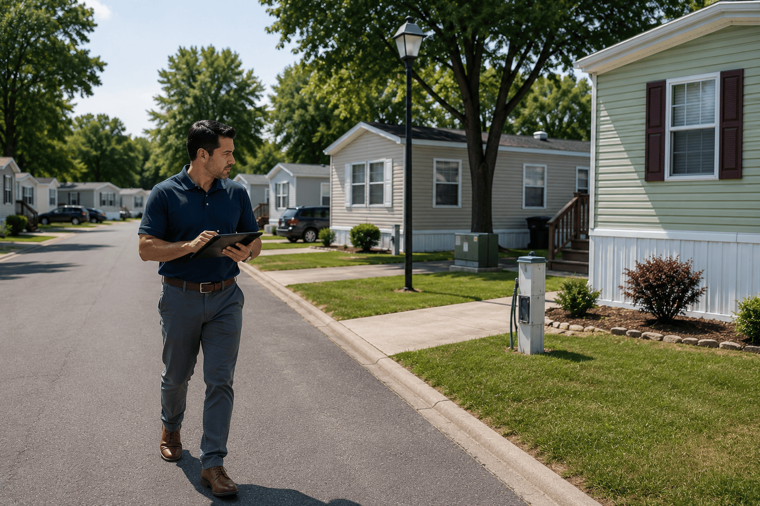 Professional investor walking through a clean mobile home community while evaluating homes, streets and infrastructure