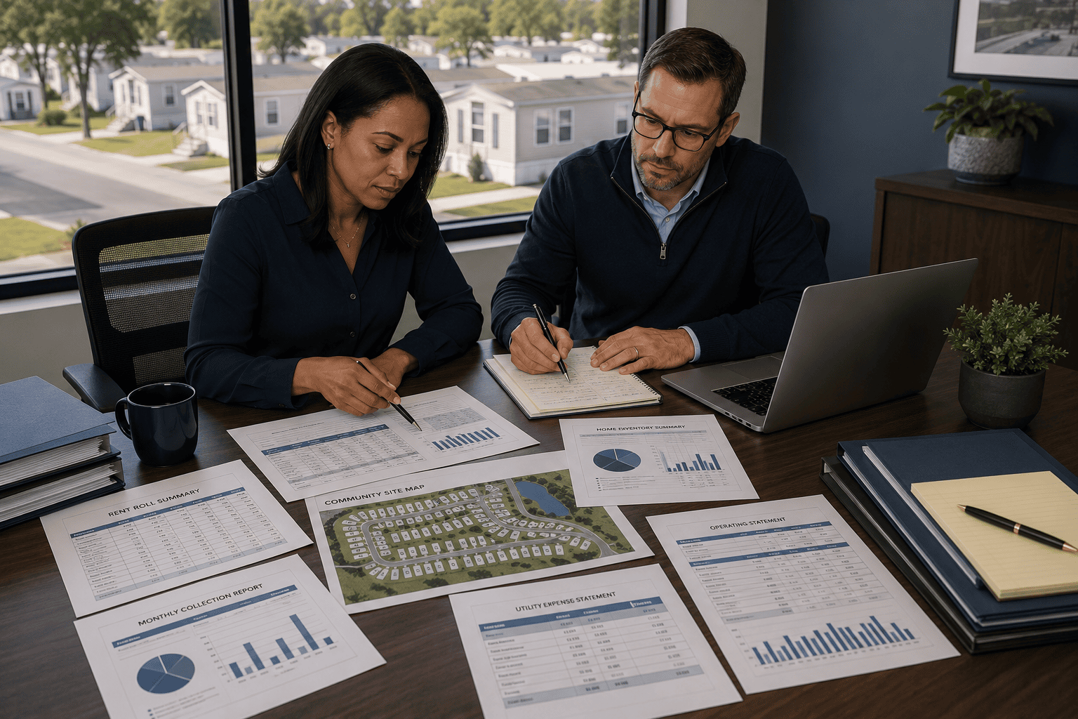 Mobile home community operator reviewing rent rolls, collections and property reports in a professional office