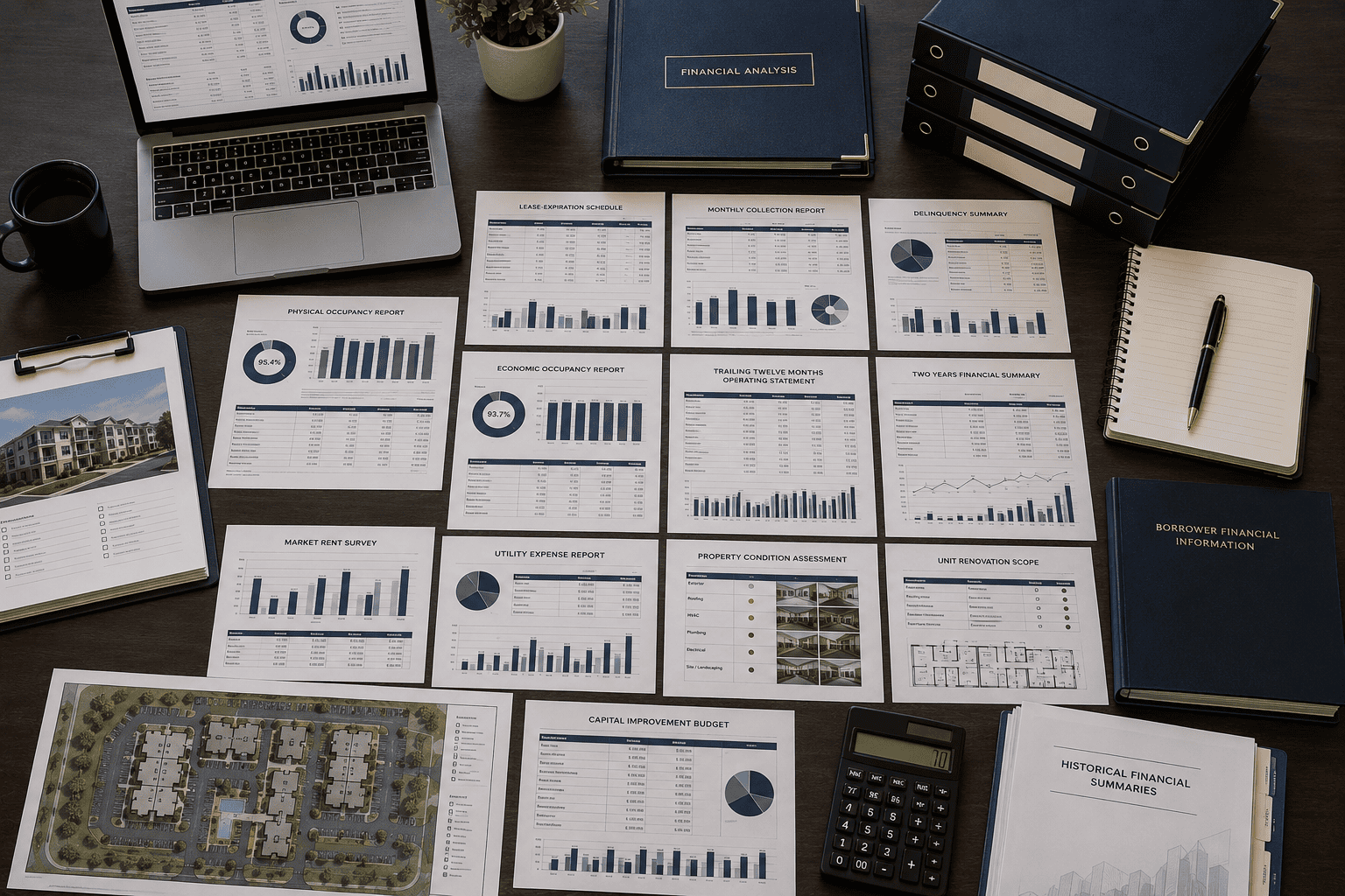 Organized multifamily financing documents, rent roll, collection reports, operating statements, renovation budget and property records on a conference table