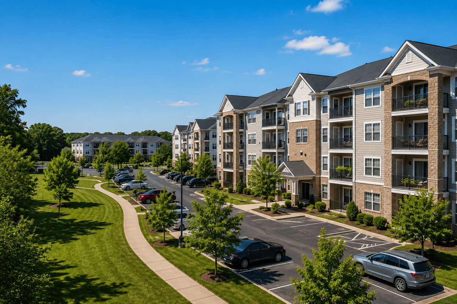 Professionally maintained multifamily apartment property with attractive buildings, clean common areas and organized parking