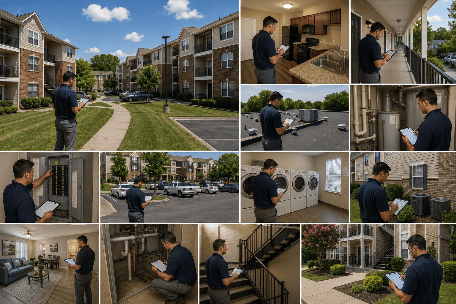 Professional investor inspecting apartment units, common areas, building systems and exterior condition at a multifamily property