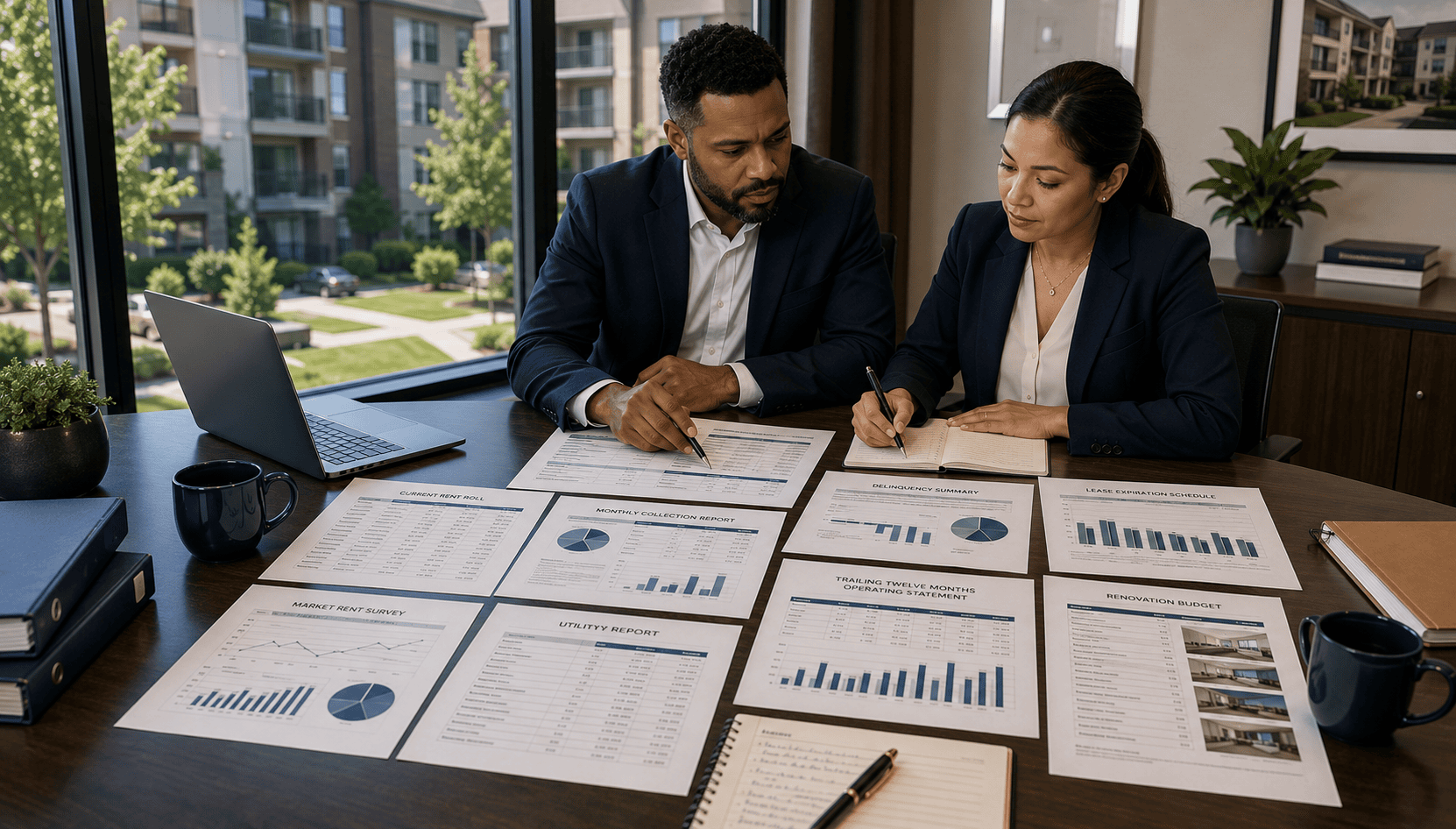 Multifamily operator reviewing rent roll, collections, occupancy, operating statements and renovation plans in a professional office