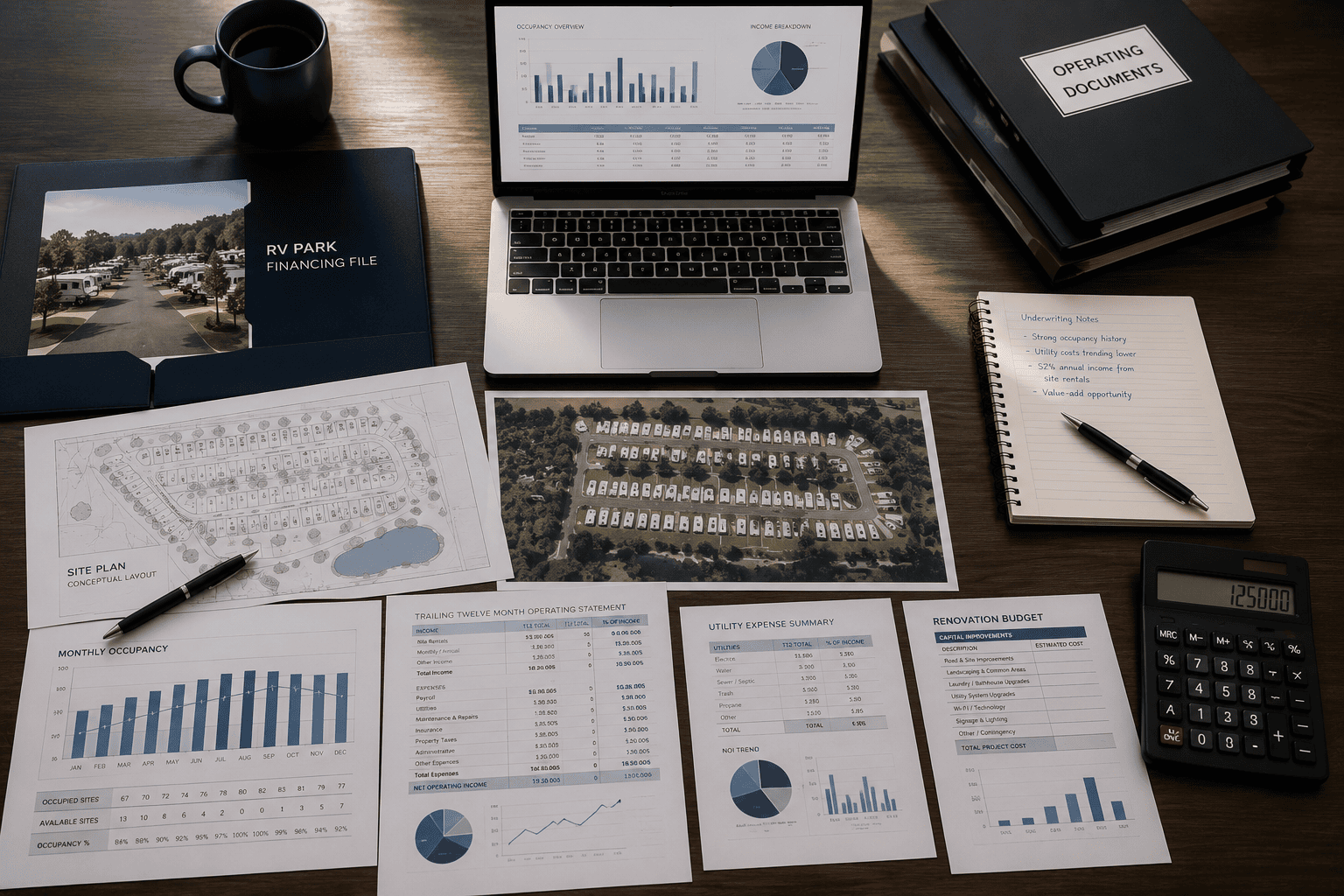 Organized RV park financing documents, site plan, financial statements and laptop on a conference table