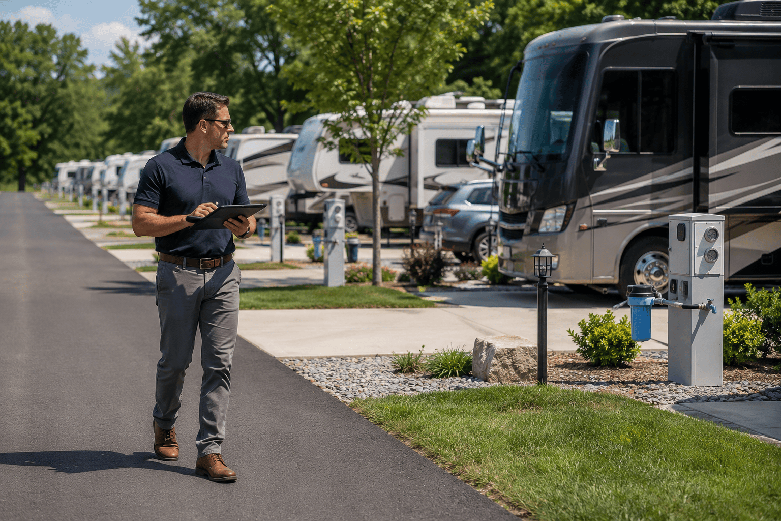 Professional investor walking through a clean RV park while evaluating sites and infrastructure