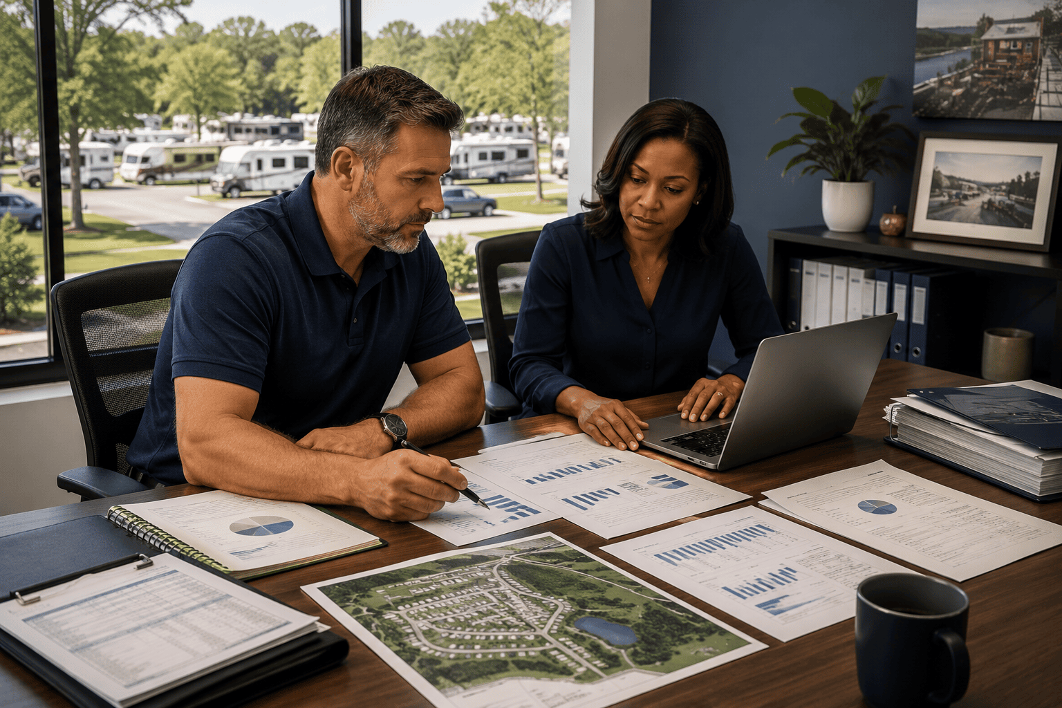 RV park operator reviewing occupancy, reservations and financial reports in a professional office