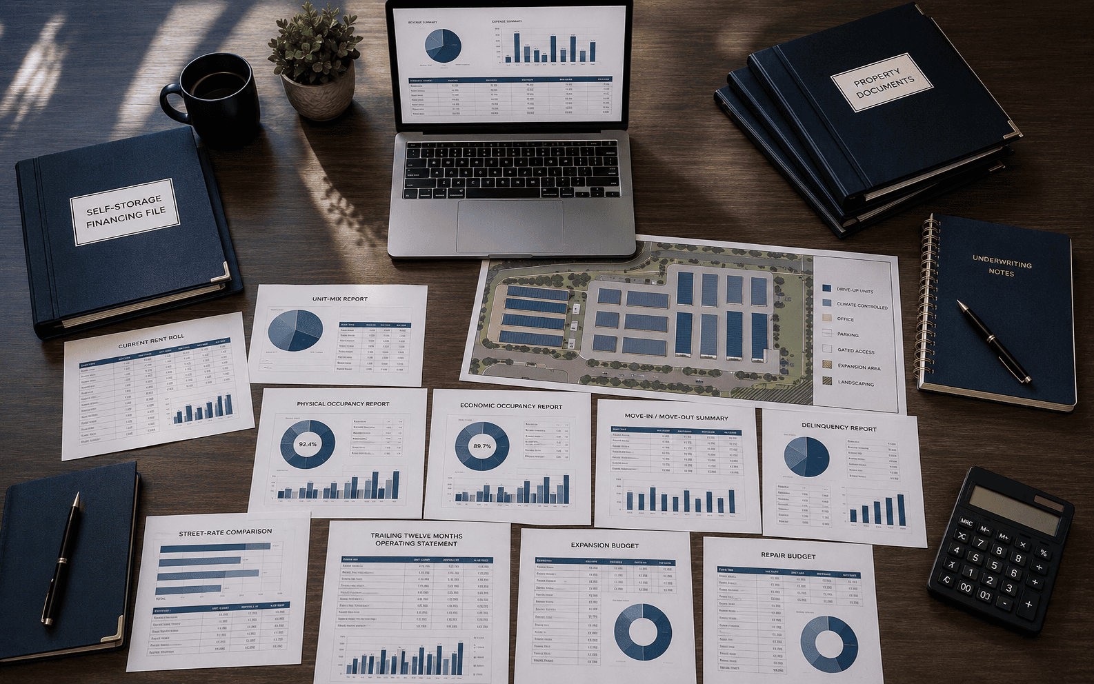 Organized self-storage financing documents, rent roll, unit mix, site plan and financial statements on a conference table