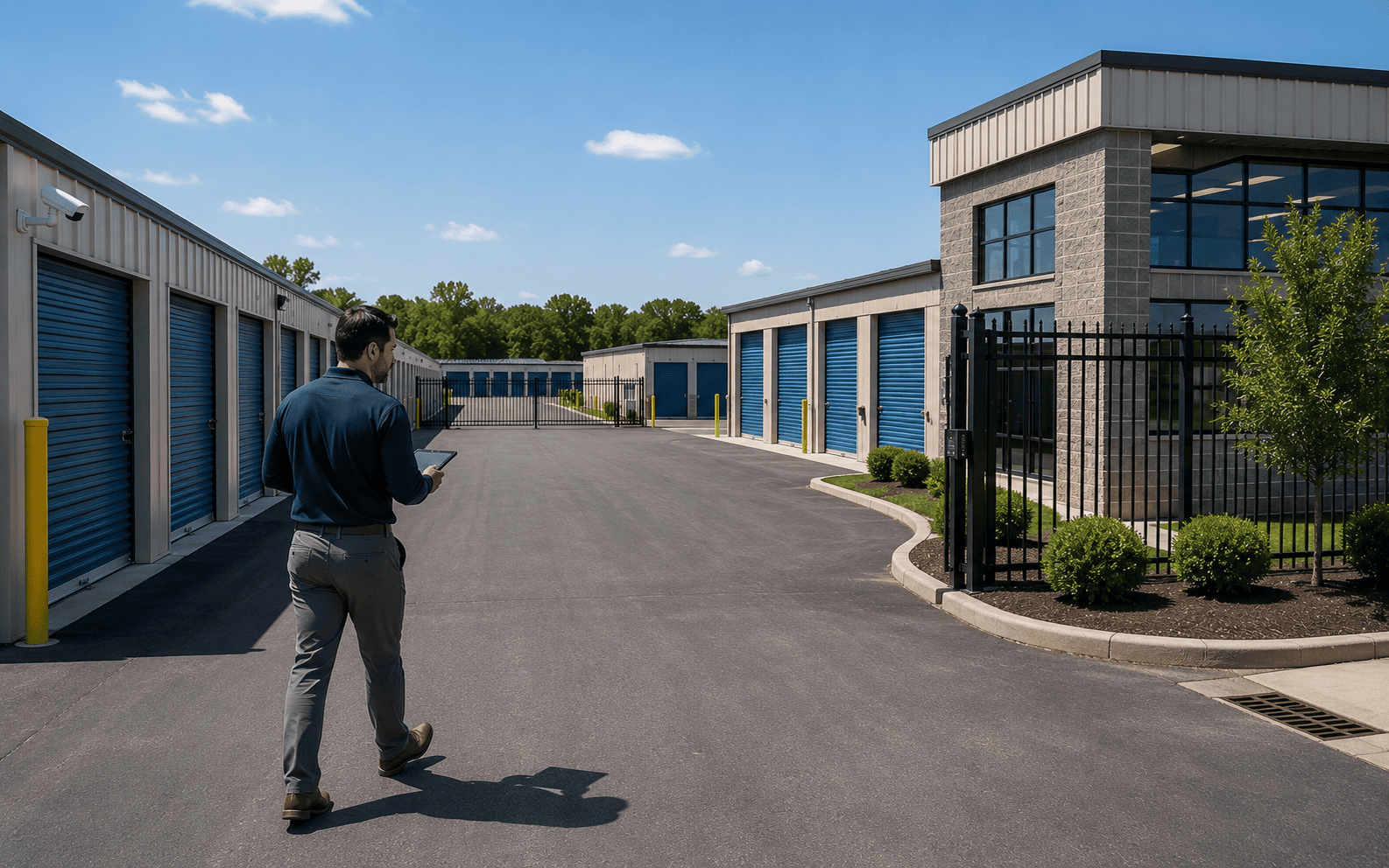 Professional investor walking through a clean self-storage facility while evaluating buildings, security and expansion potential