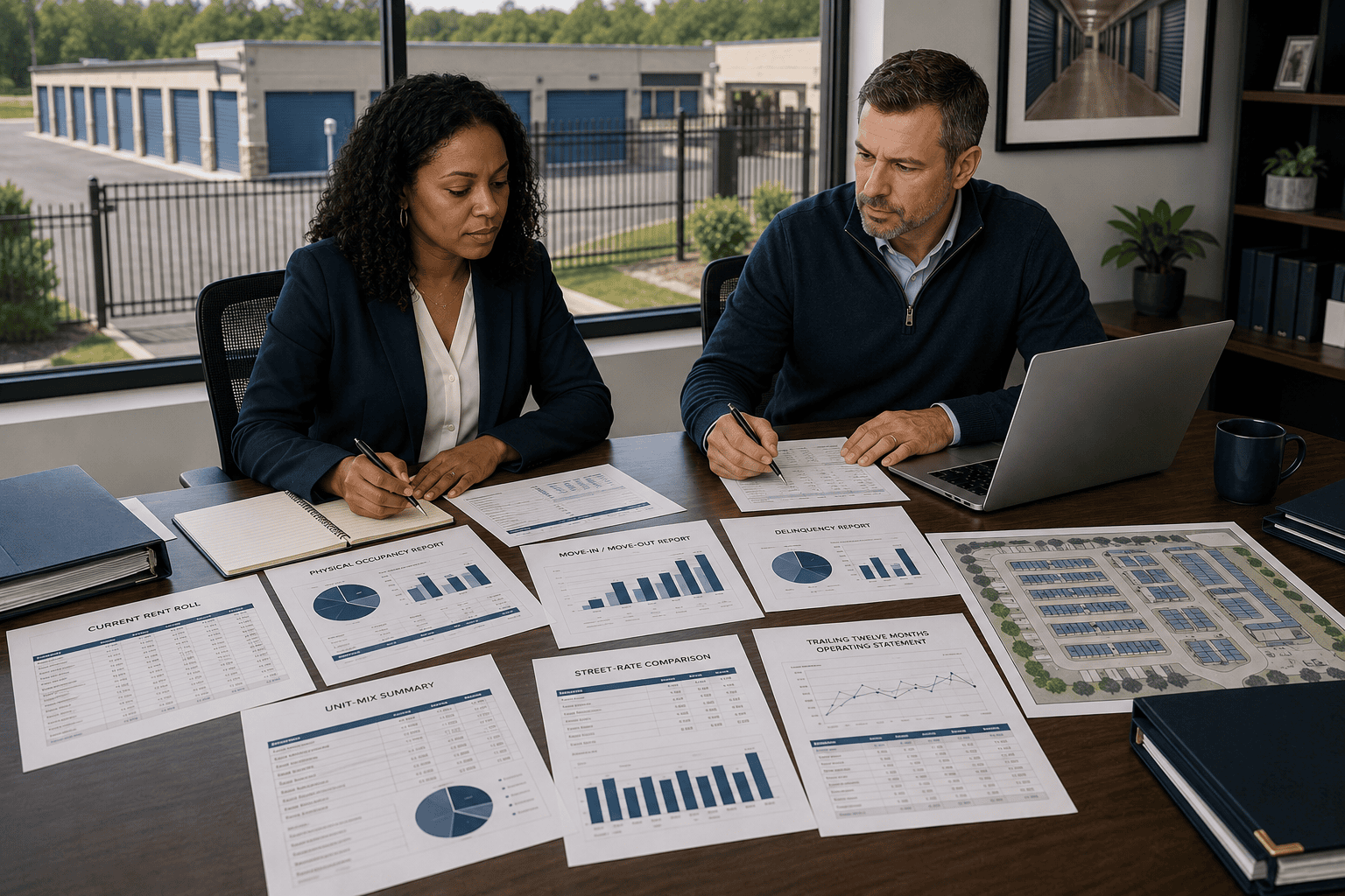 Self-storage operator reviewing occupancy, unit mix, collections and facility reports in a professional office