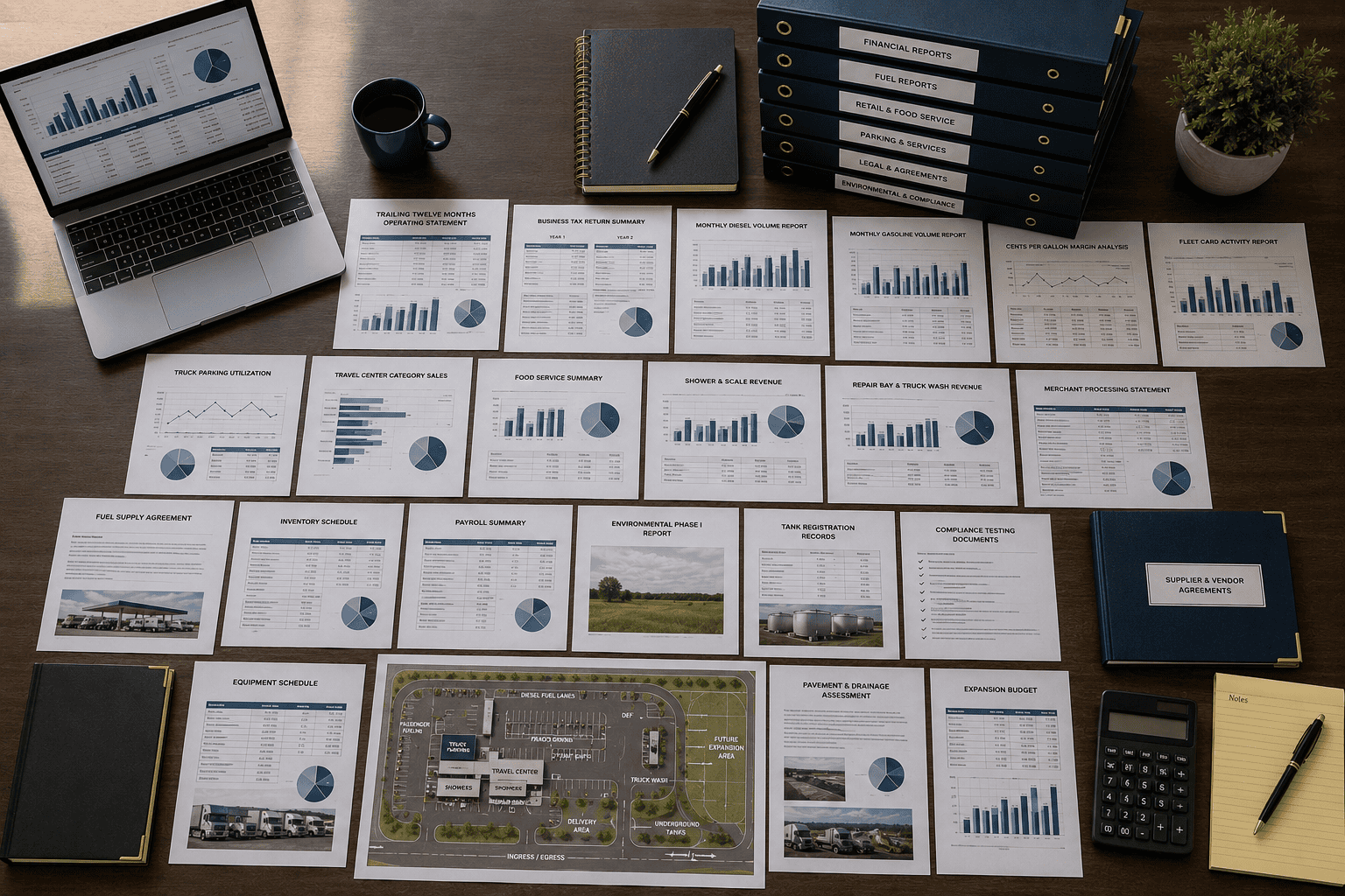 Organized truck stop financing documents, diesel reports, truck-parking data, service revenue, environmental records and financial statements on a conference table