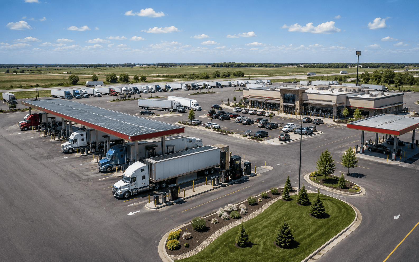 Professionally operated truck stop with diesel fueling lanes, organized truck parking, clean travel center and safe vehicle circulation
