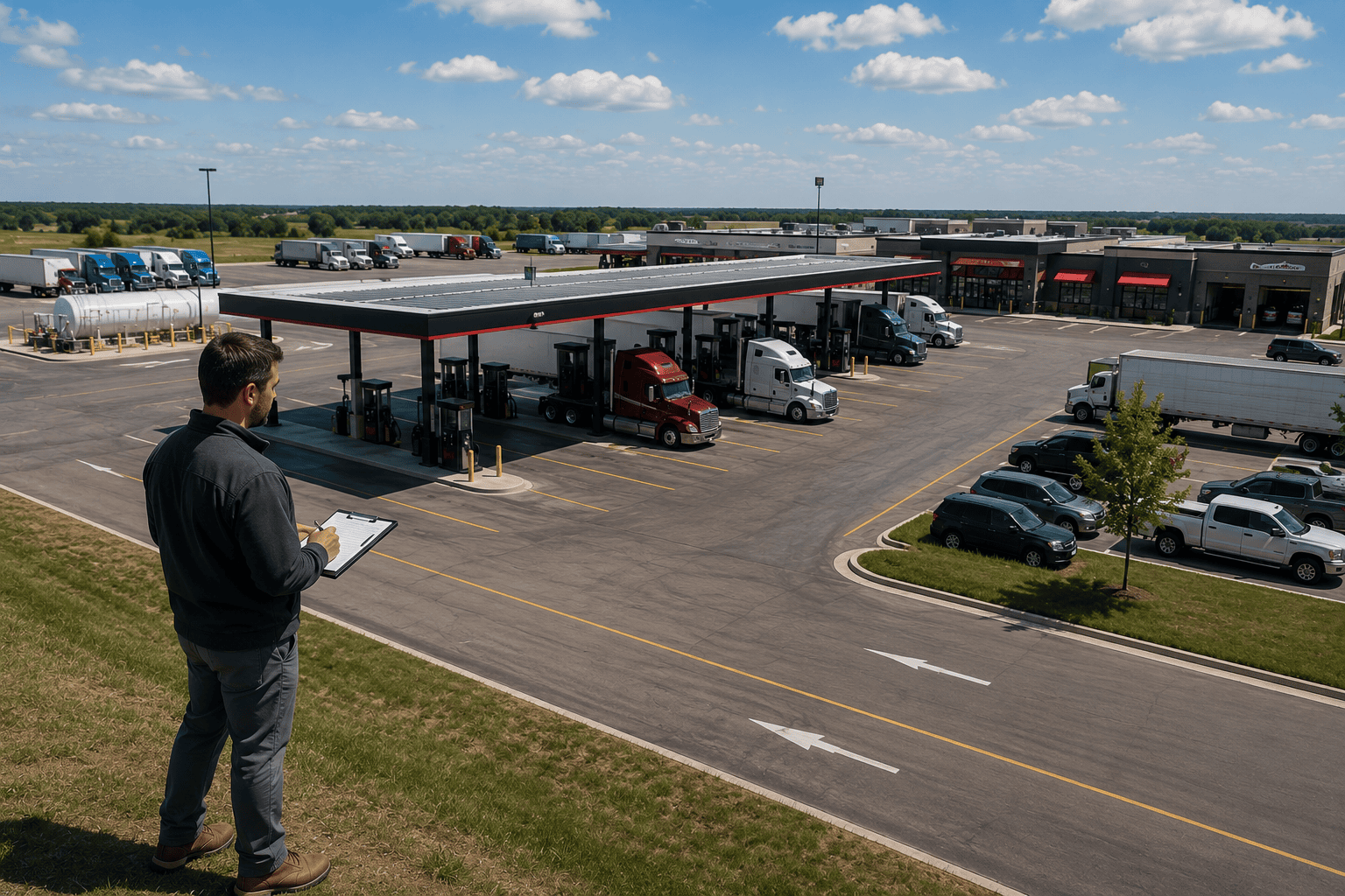 Professional investor inspecting diesel lanes, truck parking, travel-center operations and site condition at a clean truck stop