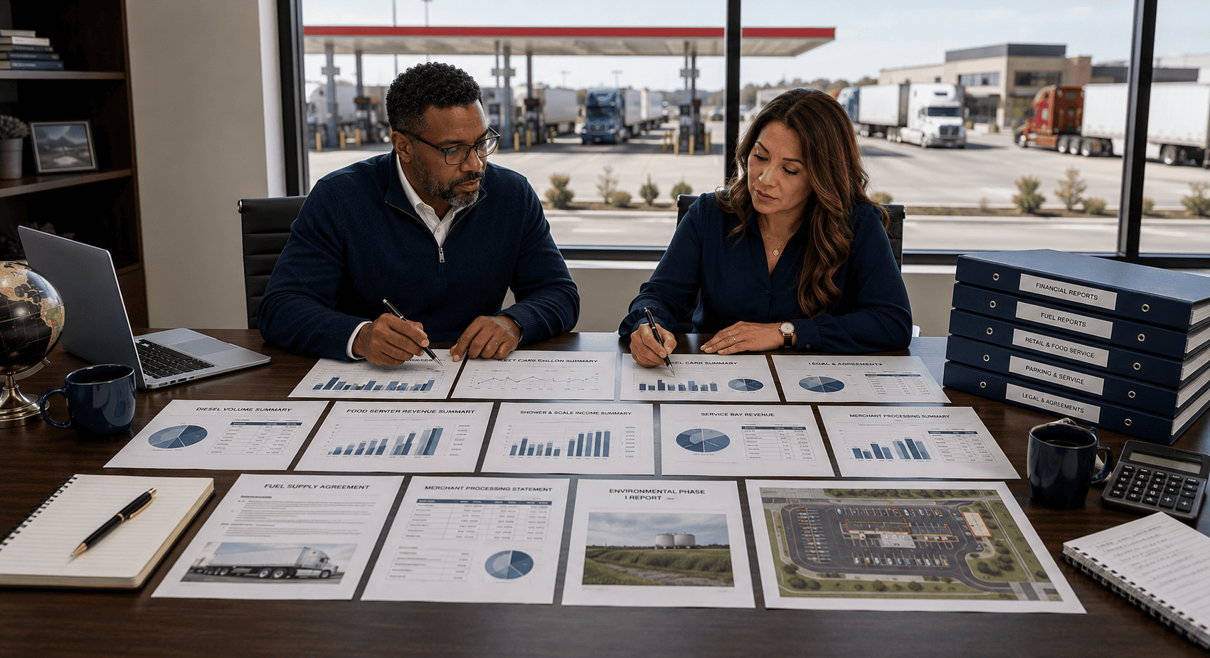 Truck stop operator reviewing diesel volume, truck parking, travel-center sales, service revenue and environmental reports in a professional office