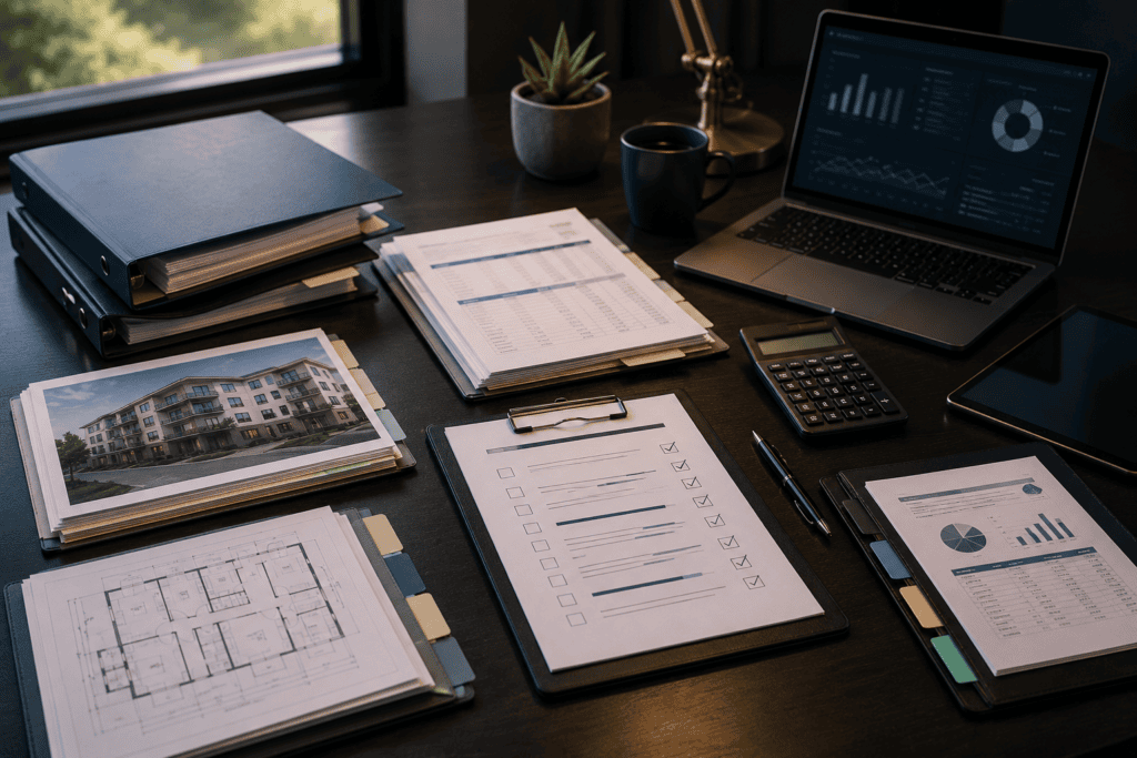 Organized commercial financing documents and checklist prepared for lender review.