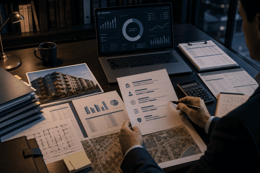 Commercial underwriter reviewing cash flow, property information, and borrower financials beyond DSCR.