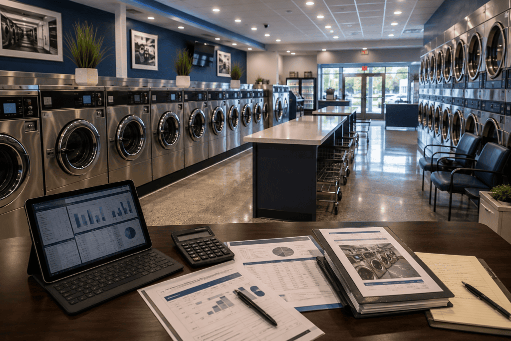 Modern commercial laundromat being evaluated as an operating business acquisition.