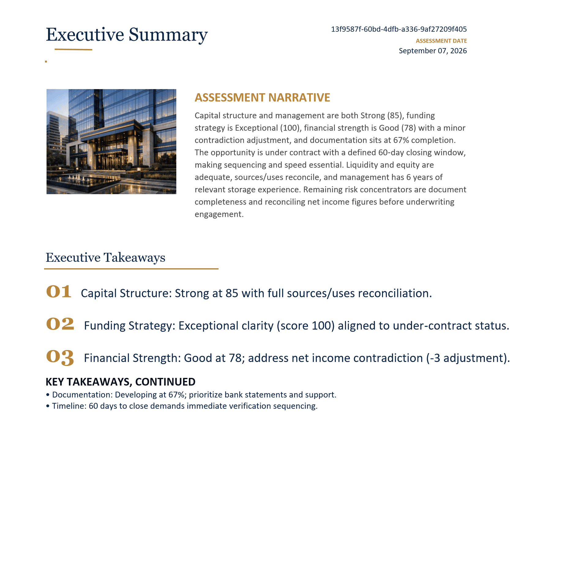 Real sample Executive Capital Readiness Blueprint output showing the Assessment Narrative and Executive Takeaways